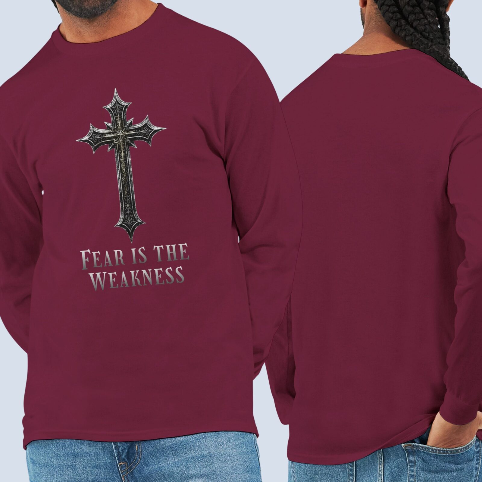 Front and back view of the long sleeve t-shirt. The design is printed on the front of the shirt only.