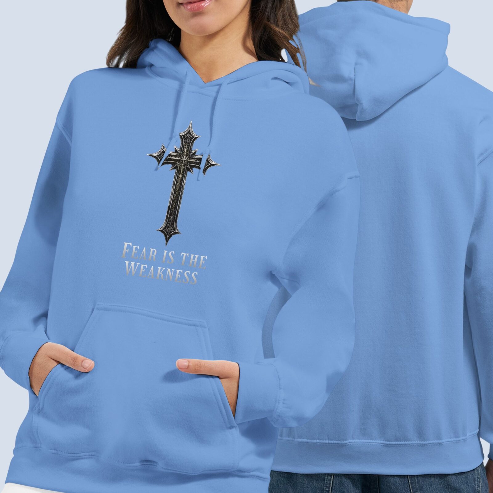 Front and back view of the pullover hoodie. The design is printed on the front of the hoodie only.
