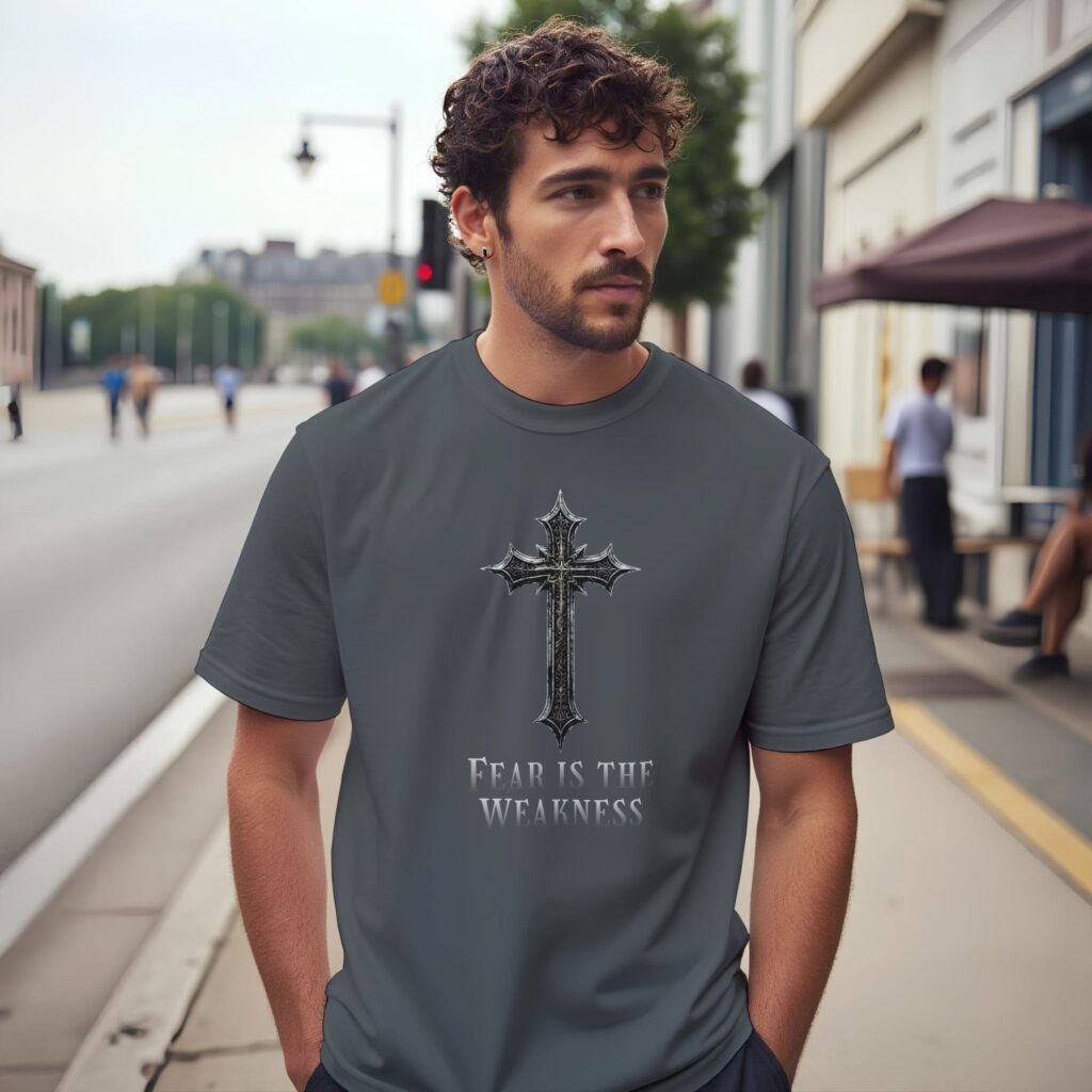 A man wearing a dark grey unisex t-shirt with a cross design and the text "Fear is the Weakness".