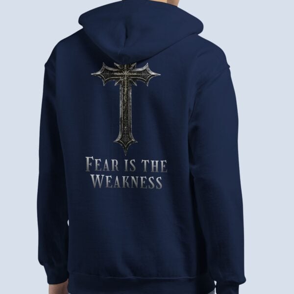 A Man wearing the "Fear is the Weakness" unisex Zip Hoodie showing the Back of the hoodie