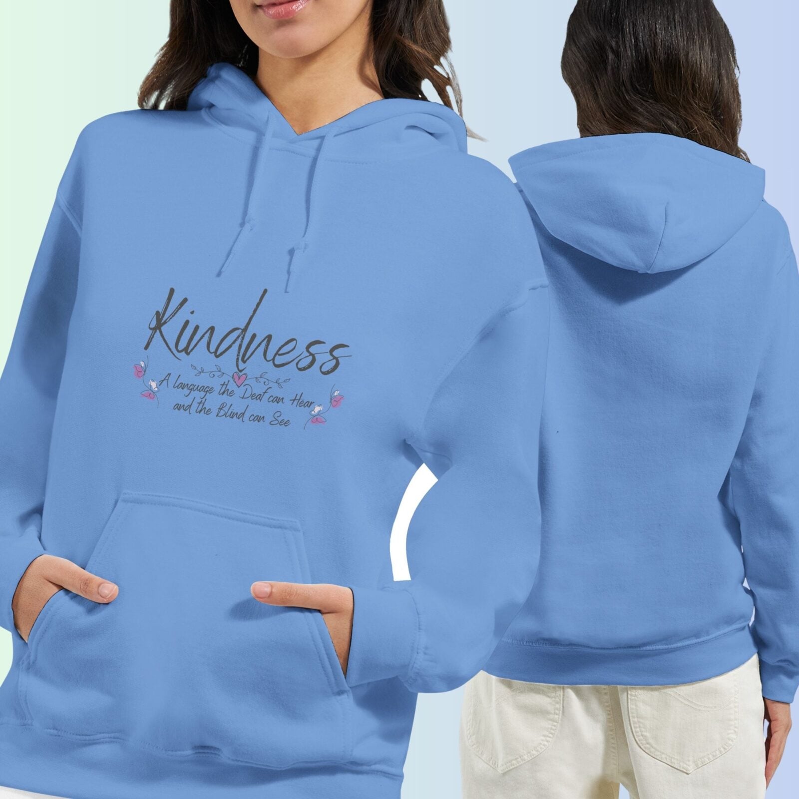 Front and back view of the pullover hoodie. The design is printed on the front of the hoodie only.
