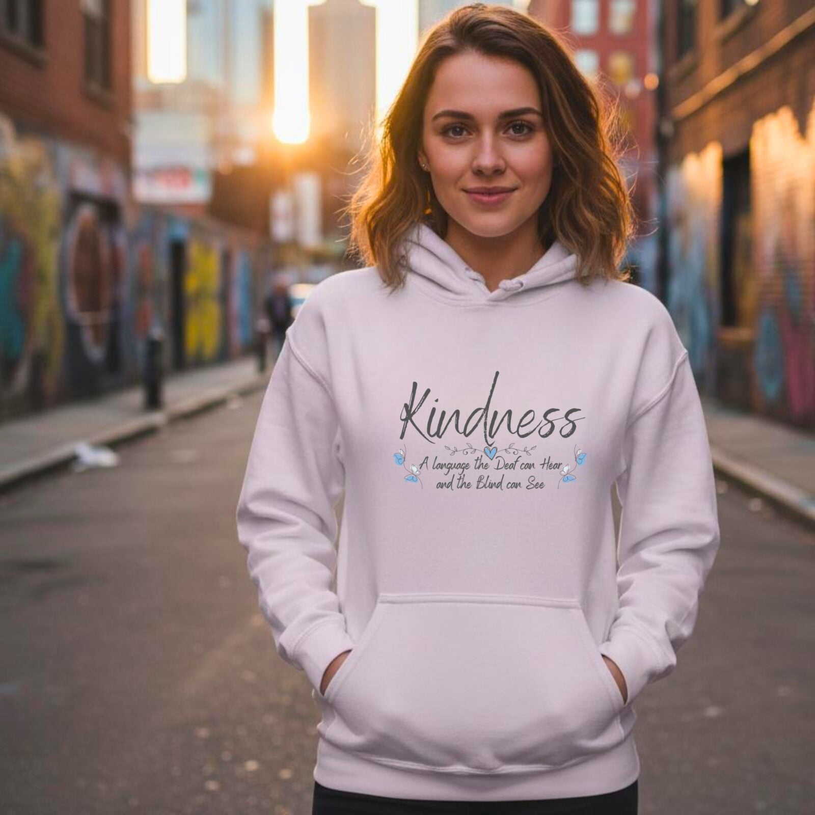 A woman wearing a white pullover hoodie with a butterfly design and the text "Kindness, a language the deaf can hear and the blind can see".