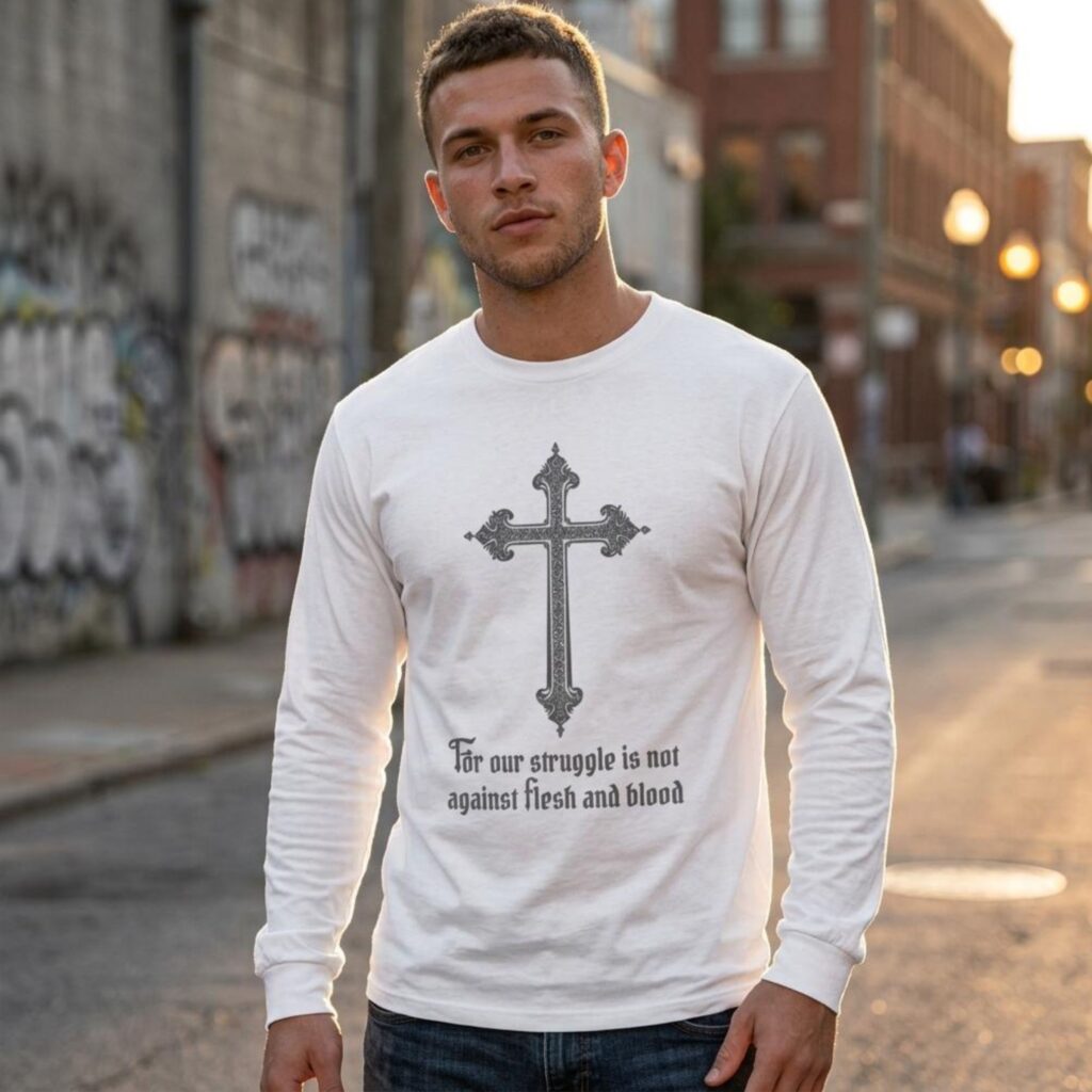 A man wearing a white unisex long sleeve t-shirt with the cross design and the text "For our struggle is not against flesh and blood"