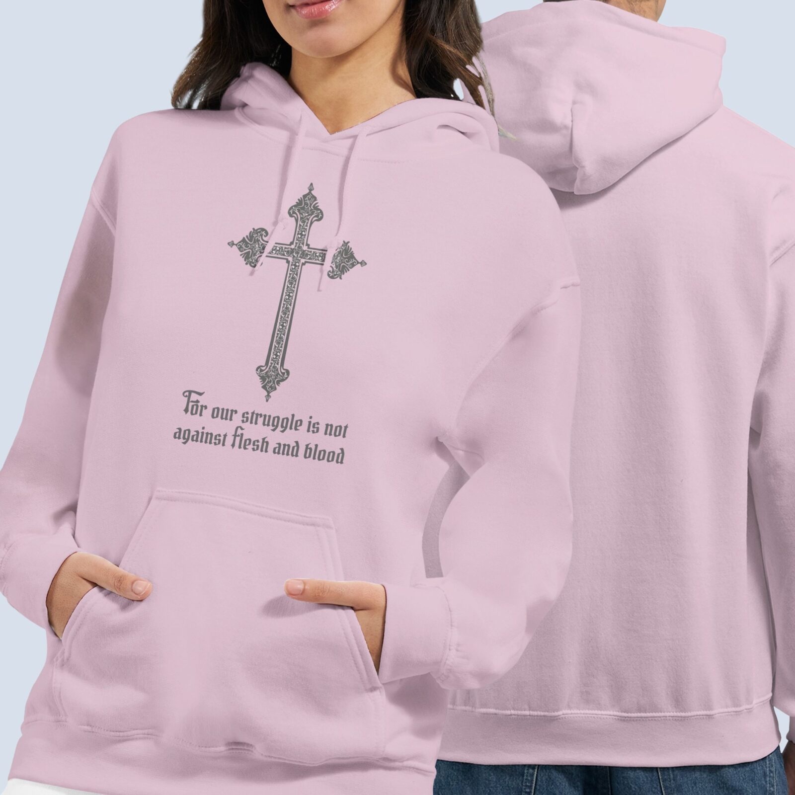 Front and back view of the pullover hoodie. The design is printed on the front of the hoodie only.