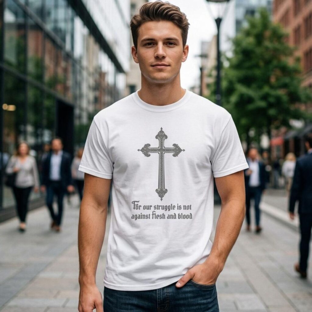 A man wearing a white unisex t-shirt with a cross design and the text "For our struggle is not against flesh and blood".