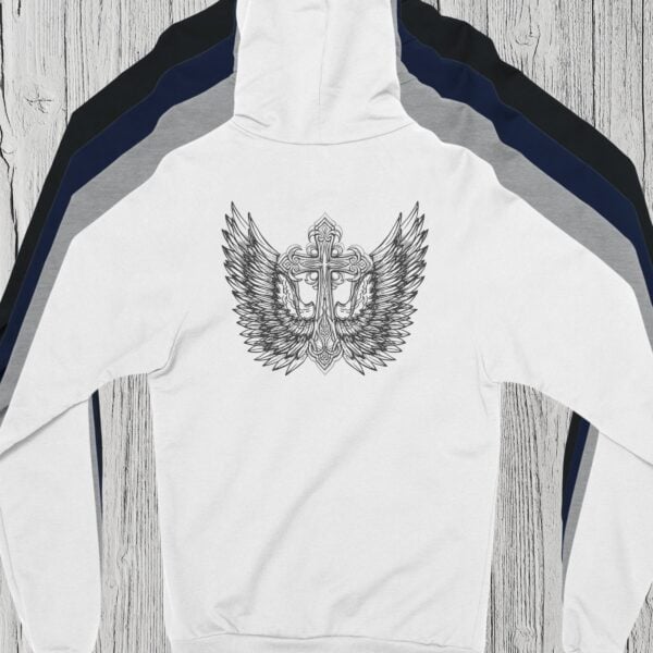 4 Colours Cross Wings Zip Hoodie (1) There are 4 colour options for the zip hoodie: black, navy, sport grey and white.