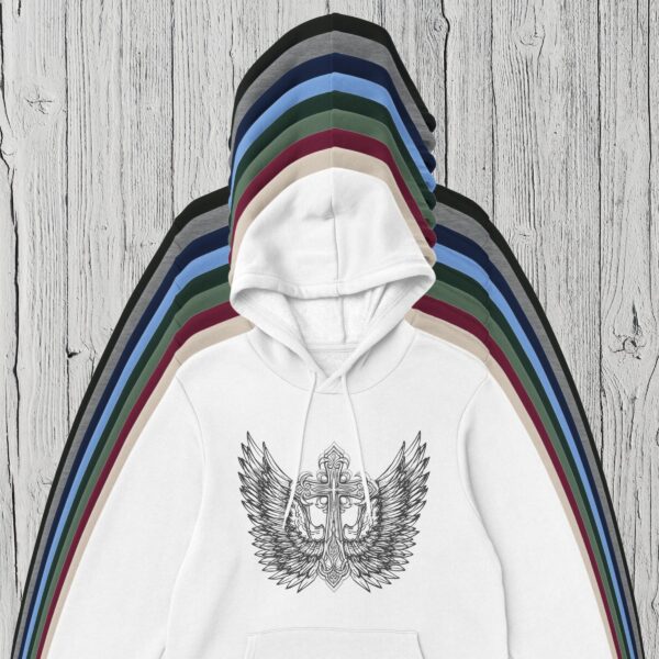 9 Colours Cross Wings Pullover Hoodie 1 There are 9 colour options for the pullover hoodie: black, sport grey, navy, Carolina blue, Forest green, military green, maroon, sand, and white.