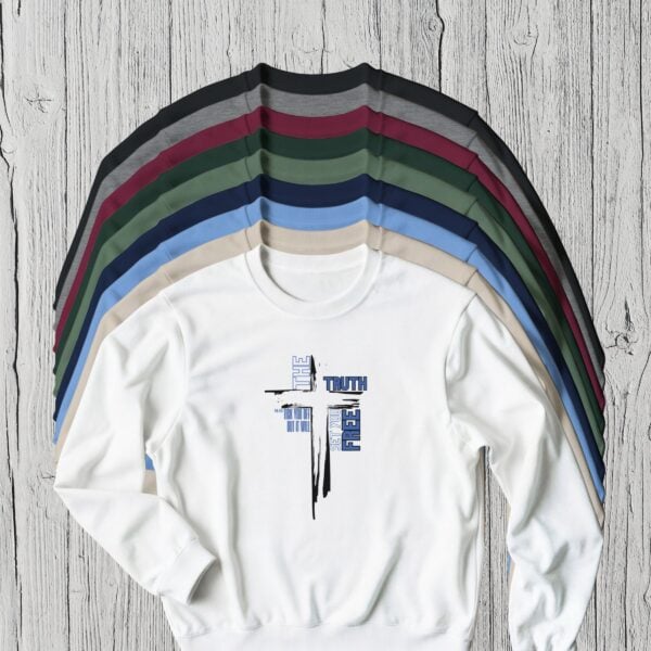 9 Colours Truth Cross Sweatshirt There are 9 colour options for the sweatshirt: black, sport grey, maroon, Forest, military green, navy, Carolina blue, sand, and white.