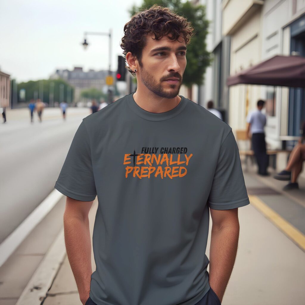 A man wearing a charcoal coloured unisex t-shirt with a cross and the text "Fully Charged, Eternally Prepared".