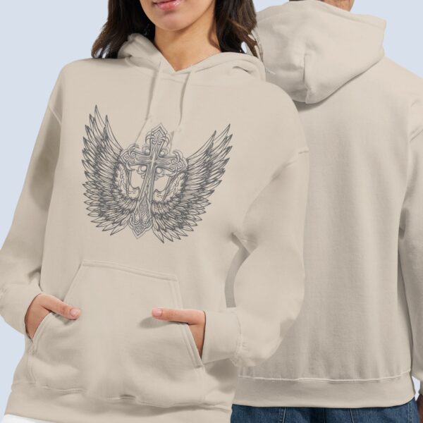 Front and back view of the pullover hoodie. The design is printed on the front of the hoodie only.