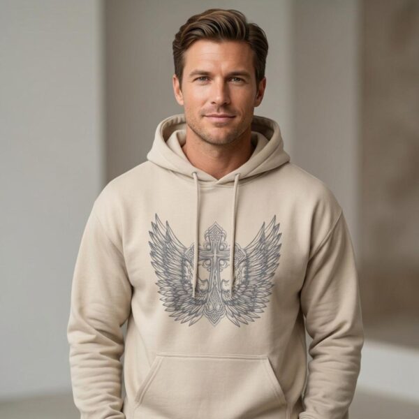 A man wearing a sand coloured unisex pullover hoodie with a cross and wing design.