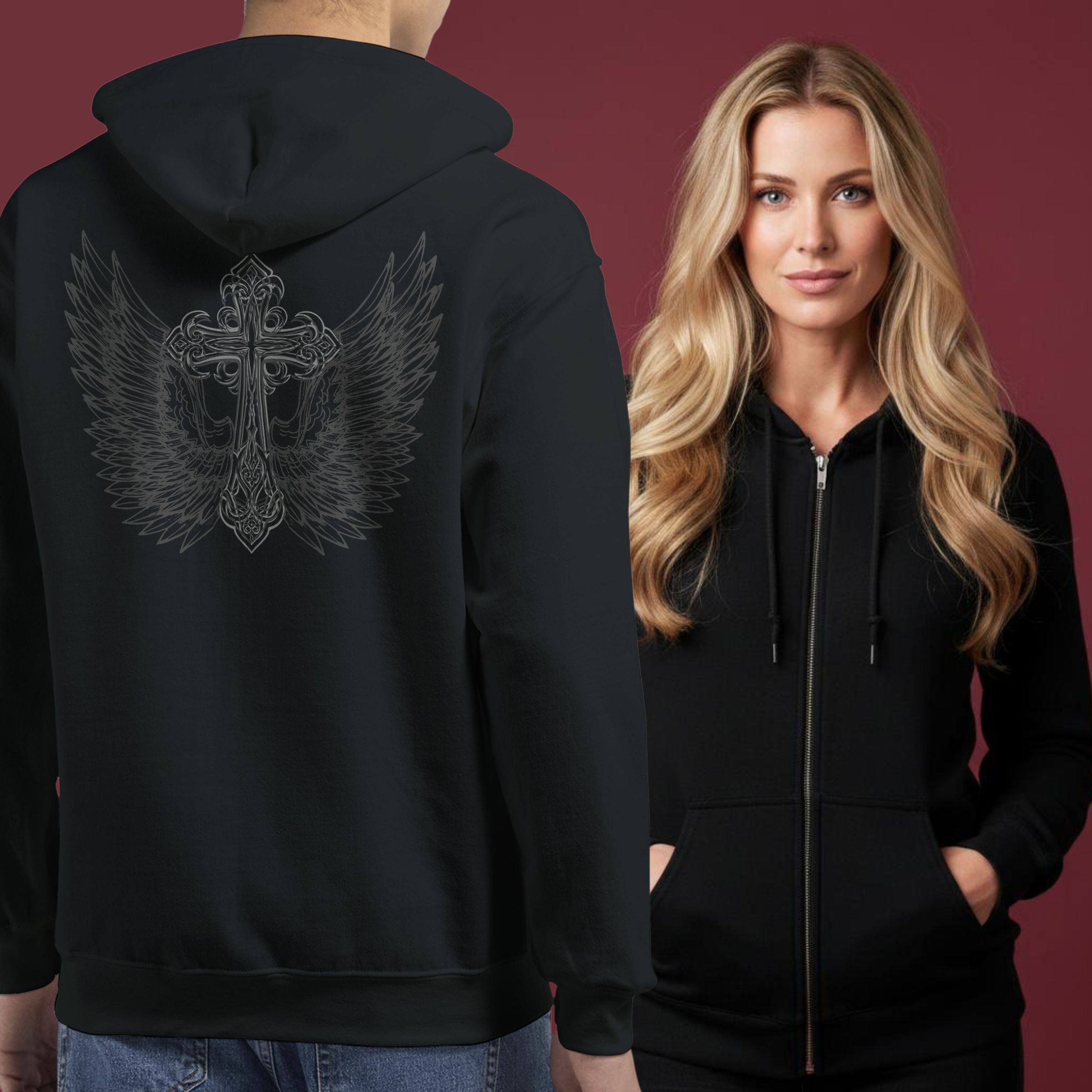 Christian Zip Hoodie with Cross and Wings | Unisex Faith Hoodie