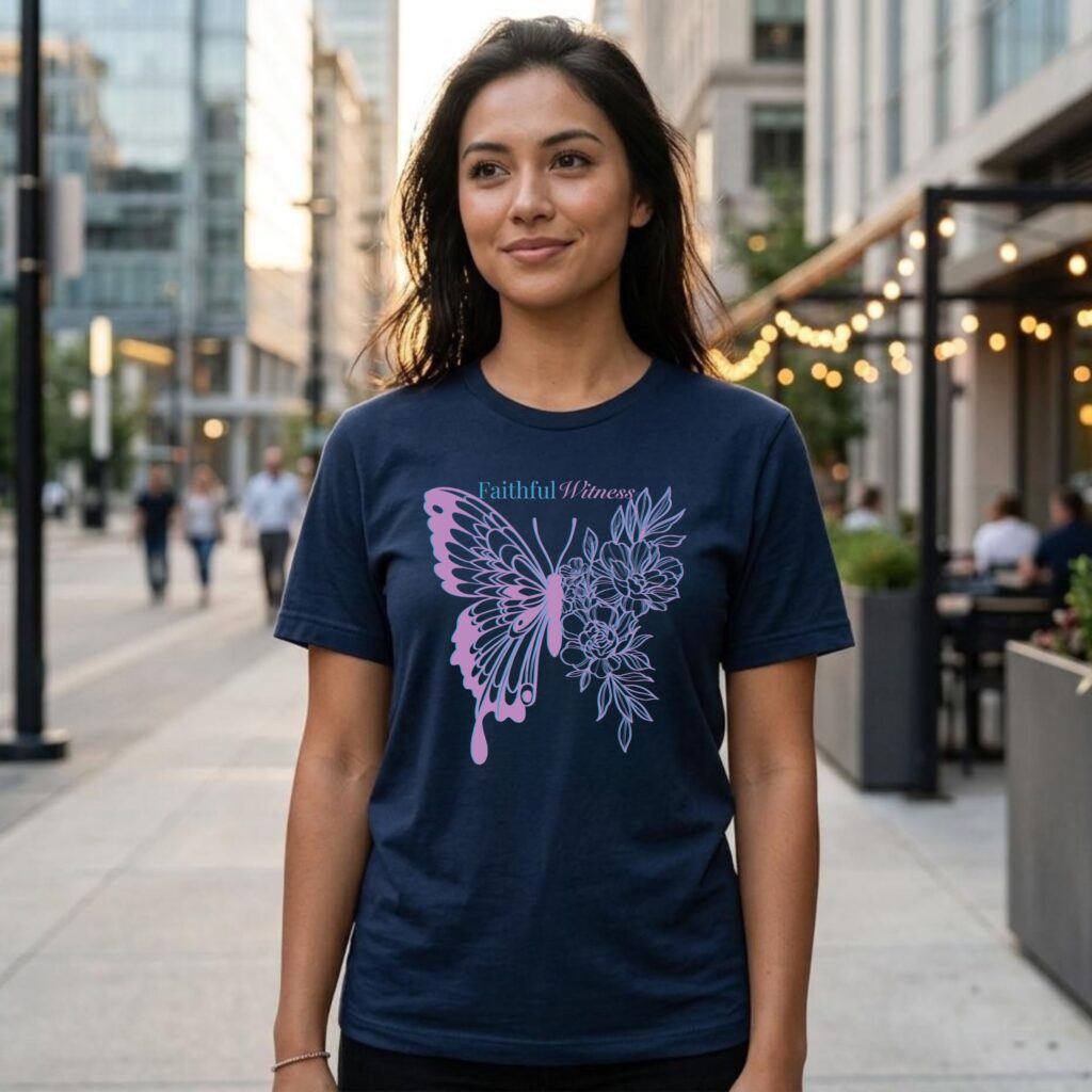 A woman walking, wearing a navy t-shirt with a butterfly and flower design and the text "Faithful Witness".