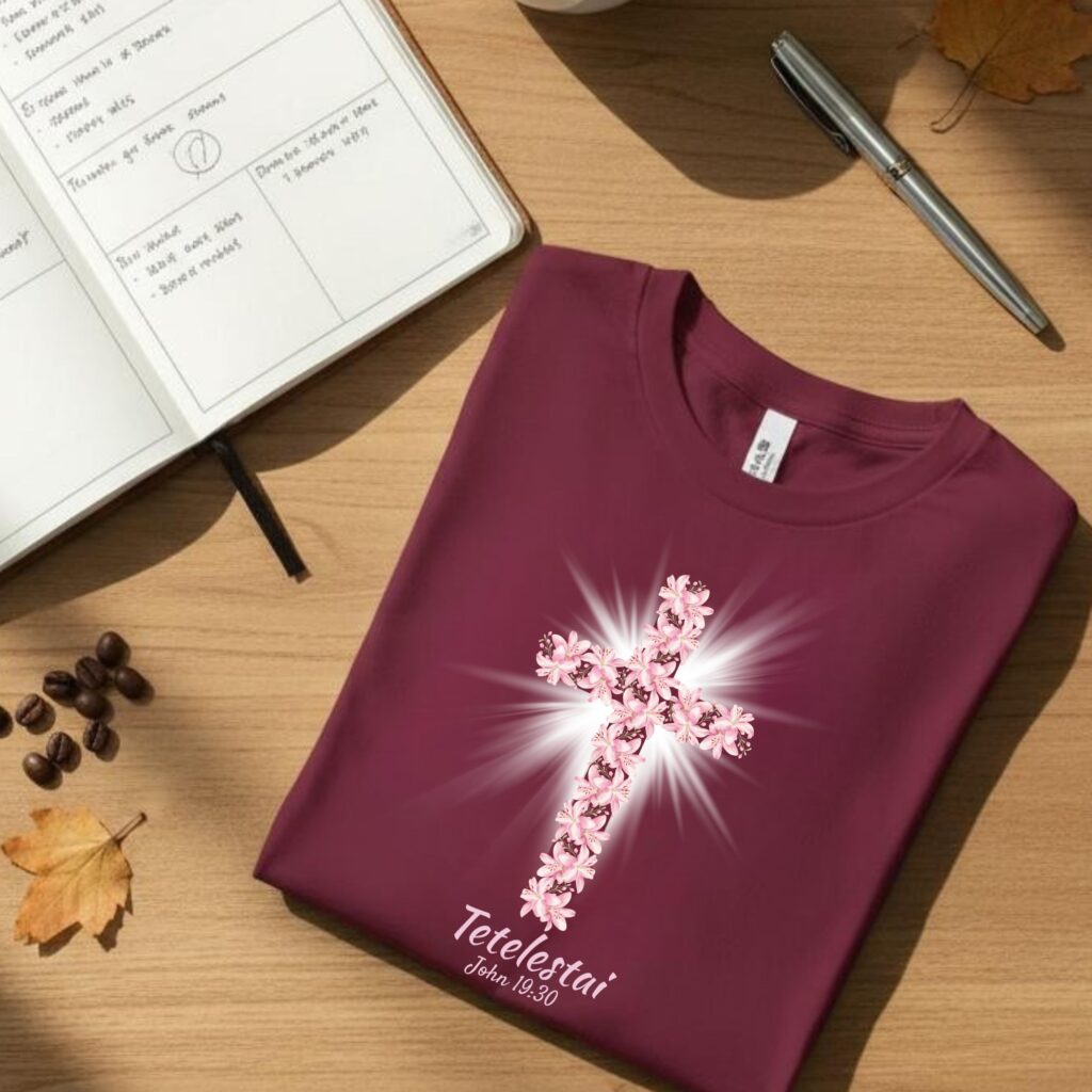 A maroon coloured t-shirt with a lily cross design and the text "Tetelestai, John 19:30". This t-shirt is folded on a table next to a diary and a cup of coffee.