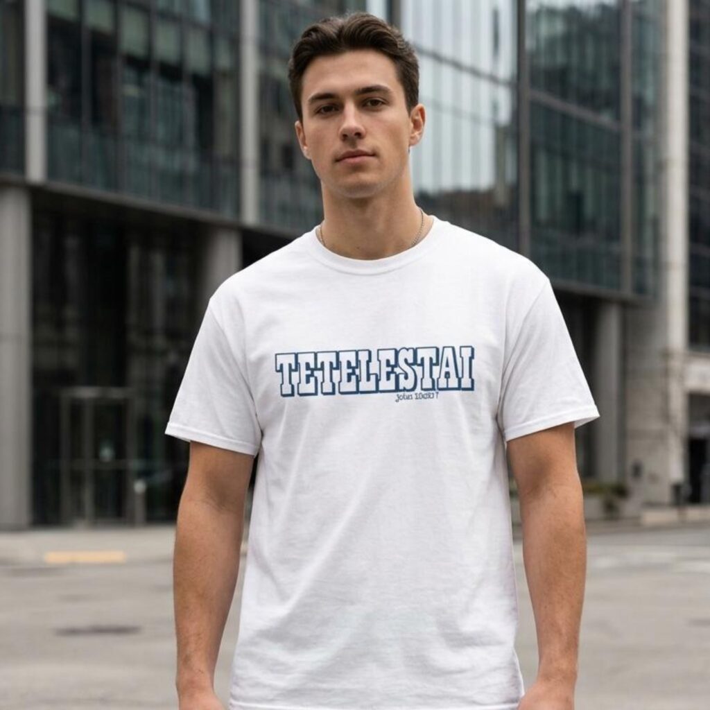 A man wearing a white unisex t-shirt with the text "Tetelestai, John 19:30".