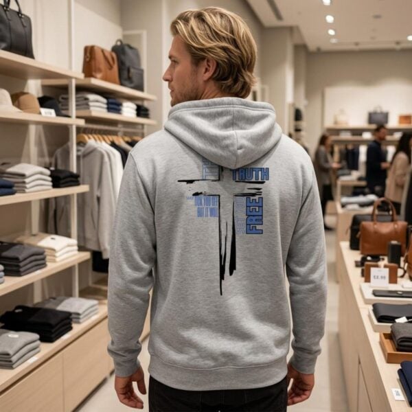 A man wearing a sports grey unisex zipper hoodie with a cross design and the text "The Truth may tick you off, but it Will Set You Free" on the back.