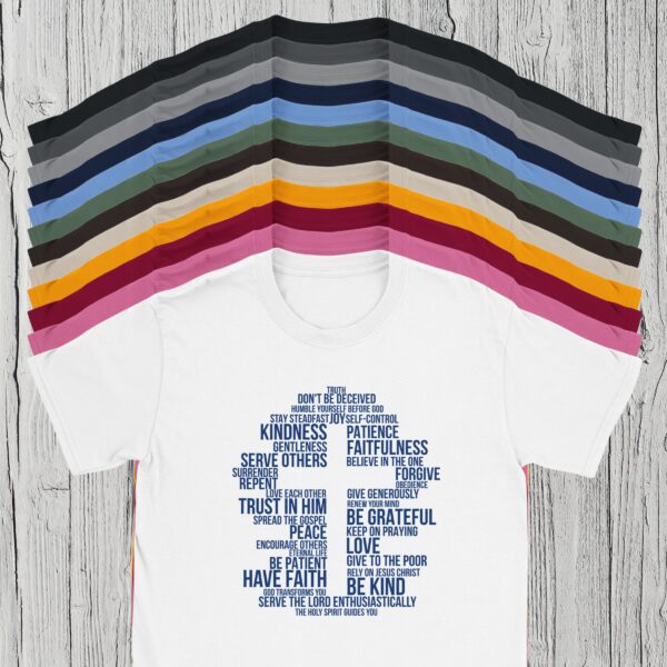 12 Colours Word Cross Tshirt There are 12 colour options for the t-shirt: black, charcoal, Rs sport grey, navy, Carolina blue, military green, dark chocolate, sand, golden yellow, Cardinal red, azalea pink and white.