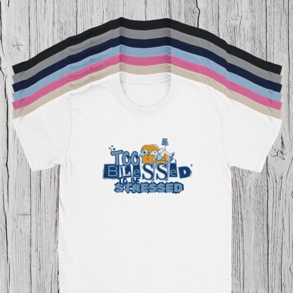 7 Colours Too Blessed Tshirt There are 7 colour options for this Christian t-shirt: black, Rs sport grey, navy, light blue, Azalea pink, sand, and white.