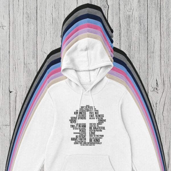 8 Colours Word Cross Pullover Hoodie There are 8 colour options for the pullover hoodie: black, sport grey, navy, Carolina blue, azalea pink, orchid purple, sand, and white.