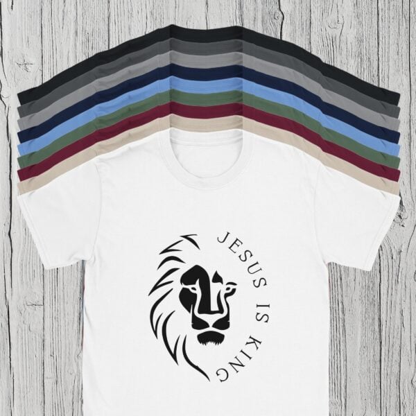 9 Colours Jesus King Lion Tshirt There are 9 colour options for this Christian t-shirt: black, charcoal, Rs sport grey, navy, Carolina blue, military green, maroon, sand, and white.