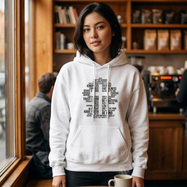 A woman wearing a white unisex pullover hoodie with a cross surrounded by uplifting Christian phrases including Be Kind, Surrender, Trust in Him, and Give to the Poor, printed on the front.