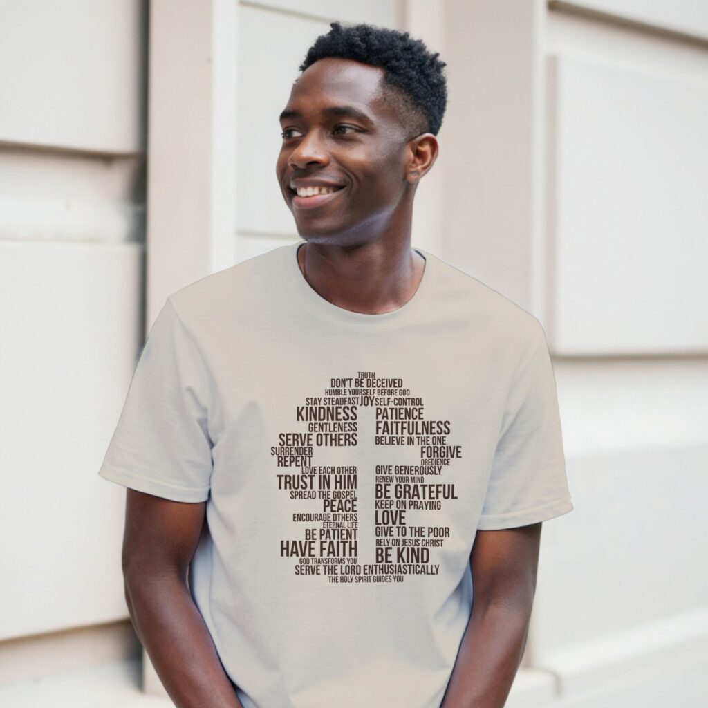 A man wearing a sand coloured unisex t-shirt with a cross design surrounded by inspirational Christian phrases such as be kind, surrender, trust in Him, and give to the poor. The design is printed on the front of the t-shirt only.
