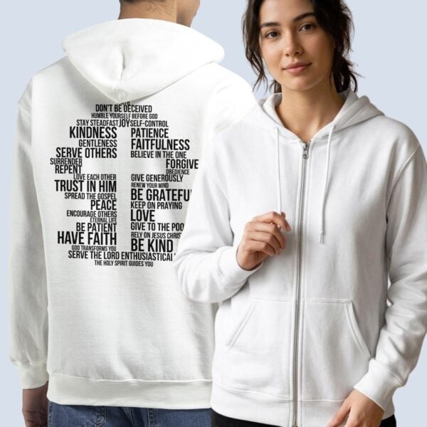 Front and back view of the full zip hoodie. The design is printed on the back of the hoodie only.