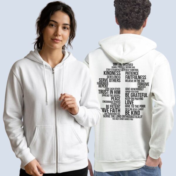 A man and a woman, both wearing a white unisex full zip up hoodie with a cross cross surrounded by uplifting Christian phrases including Be Kind, Surrender, Trust in Him, and Give to the Poor, printed on the back. The design is printed on the back of the hoodie only.