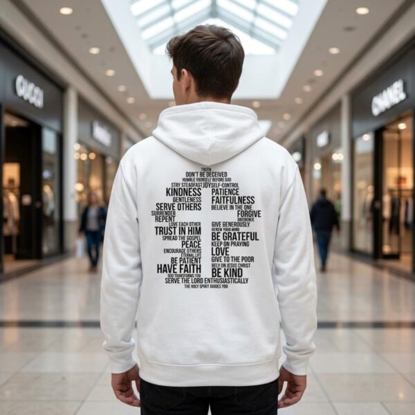 Word Cross Zip Hoodie Man in mall A man wearing a white unisex full zip up hoodie with a cross surrounded by uplifting Christian phrases including Be Kind, Surrender, Trust in Him, and Give to the Poor, printed on the back.