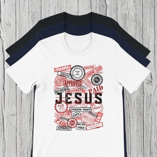 3 Colours of Jesus Stamped Tshirt This Jesus t-shirt and man wearing a black Christian t-shirt with the word "Jesus", and unique stamp-style design, is available in 3 colours: black, navy or white.