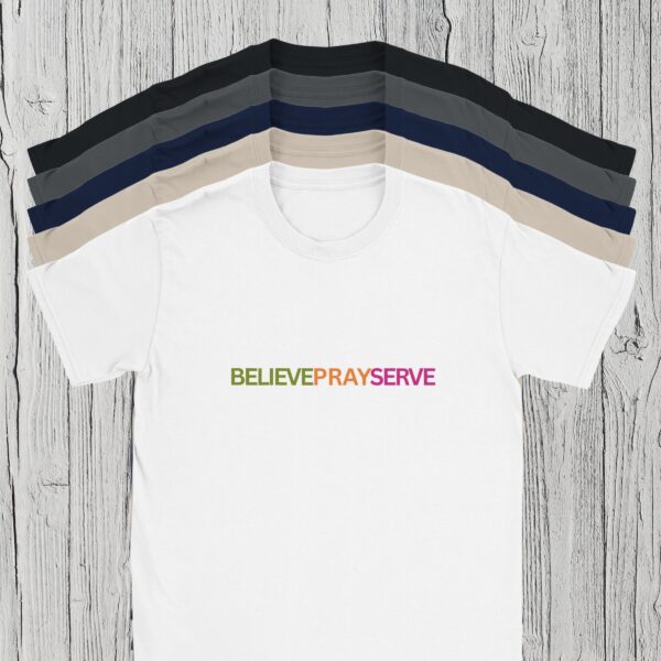 There are 5 colour options for this Christian t-shirt: black, charcoal, navy, sand, and white.