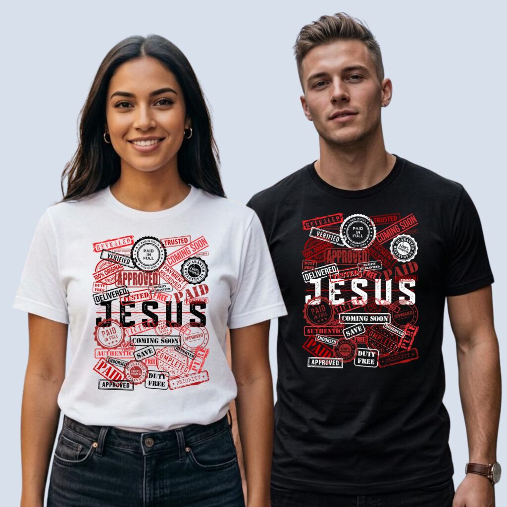 A woman wearing a white Jesus t-shirt and man wearing a black Christian t-shirt with the word "Jesus", featuring a unique stamp-style design, where each mark represents key truths about Jesus—His sacrifice, His love, and the message that He paid our sin in full. It’s a wearable reminder of grace, redemption, and unwavering faith.