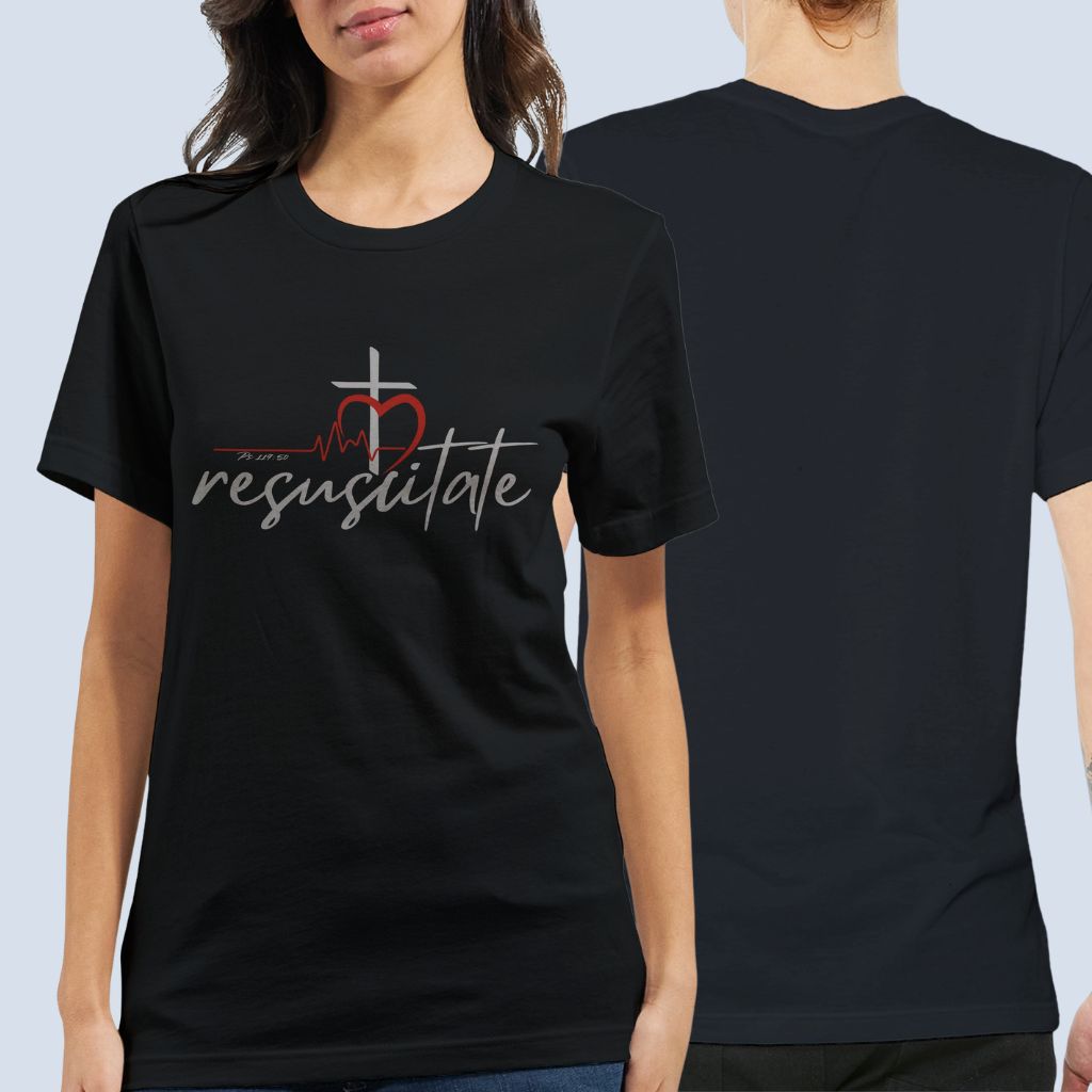 A man and woman, both wearing a black Christian t shirt with the word "Resuscitate", featuring a heart and cross design. This Bible Verse Shirt is referencing Psalm 119:50. This Graphic Tee is only printed on the front.
