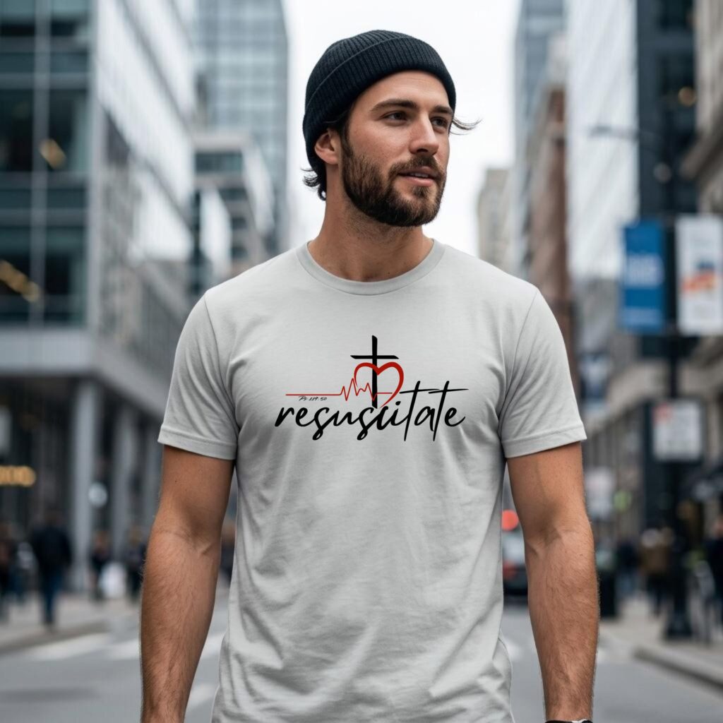 Resuscitate Tshirt Man wearing a beanie