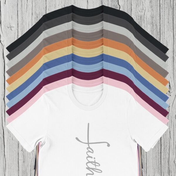 11 Colours of Faith Tshirt This faith cross shirt for women is a minimalist Christian tee design that comes in 11 colour options, such as: black, dark grey, silver grey, pebble brown, burnt orange, soft cream, Carolina blue, light blue, berry, pink and white.