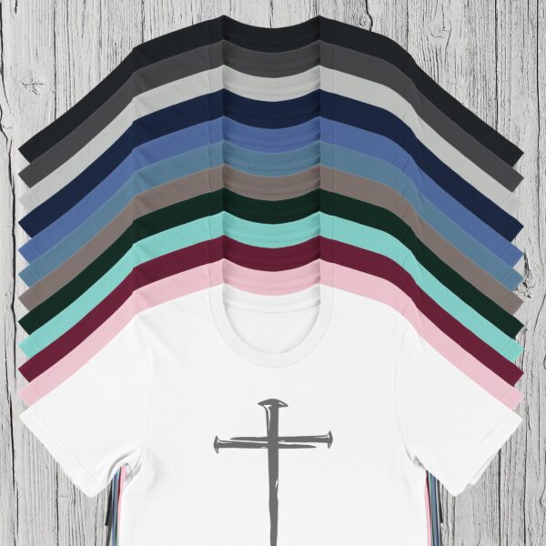 12 Colours of Nail Cross Tshirt This Christian t-shirt, featuring a a three nail cross design is available in 12 colours: black, dark grey, silver grey, navy, Carolina blue, steel blue, pebble brown, forest green, mint, maroon, pink, or white.