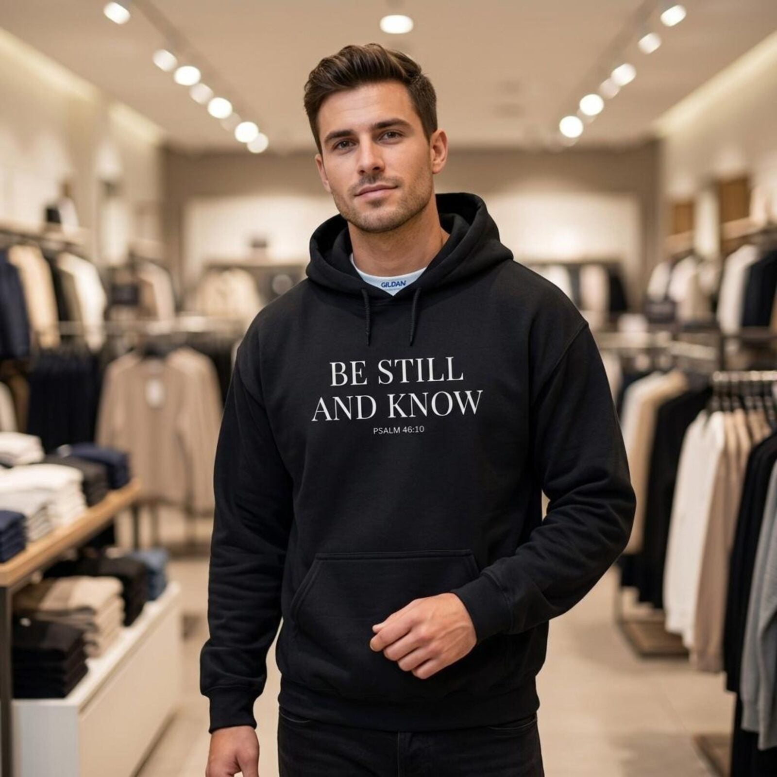 A man wearing a black unisex pullover hoodie with the text "Be still and know" and "Psalm 46:10" printed on the front.