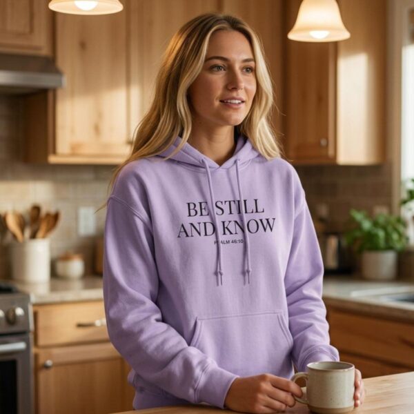 Be Still and Know Pullover Hoodie Woman standing in a kitchen