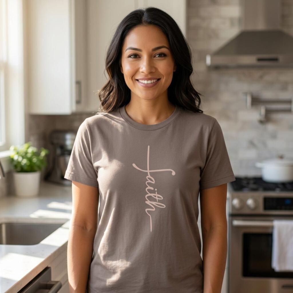 A woman wearing a pebble brown Christian t-shirt with the word faith, written in such a way to form a cross. This faith cross shirt for women is a minimalist Christian tee design that comes in 11 colour options.