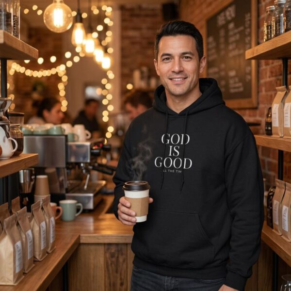 God is Good Pullover Hoodie Man standing in a coffee shop