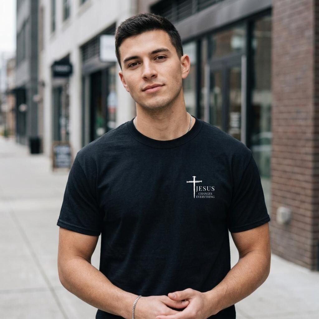 A man wearing a black unisex Christian t-shirt featuring a three nail cross and the powerful words “Jesus Changes Everything", printed on the front left side of the t-shirt. It is a soft faith-based tee with inspirational design perfect for church, gifts, and everyday wear.