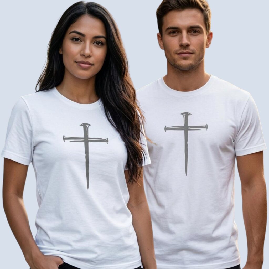 A woman and man, both wearing a white Christian t-shirt with a three nail cross design.