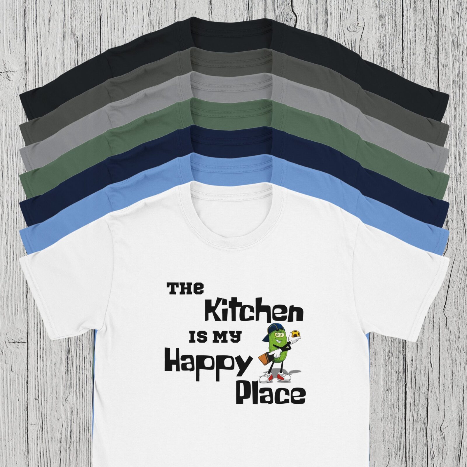 Funny pickleball apparel for men available in 7 colour options: black, charcoal, Rs sport grey, military green, navy, Carolina blue and white.