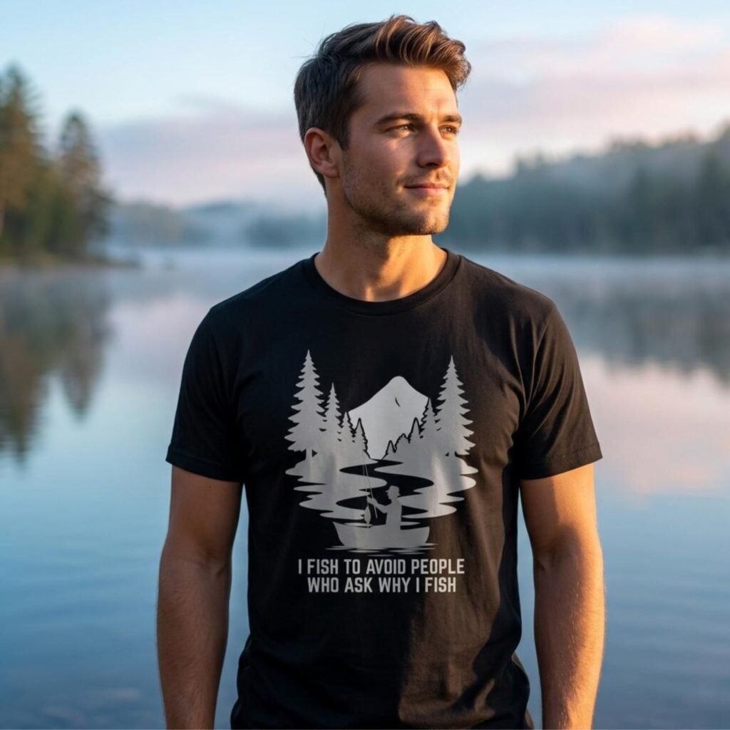 A man wearing a black funny fishing t-shirt for men with the text: "I Fish to Avoid People Who Ask Why I Fish", and the silhouette of a fisherman in a boat with the backdrop of a mountain and trees.