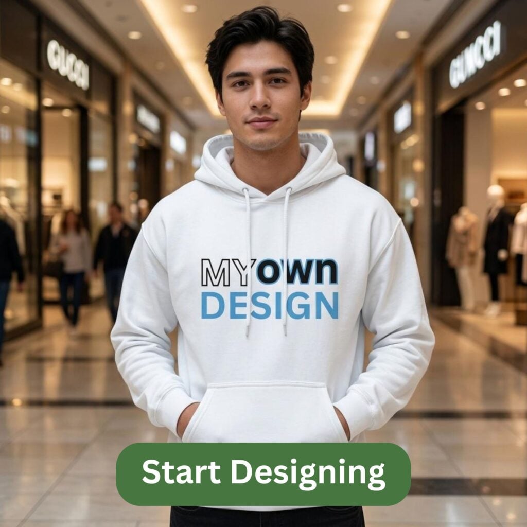 A man wearing a custom Design Classic White Pullover Hoodie