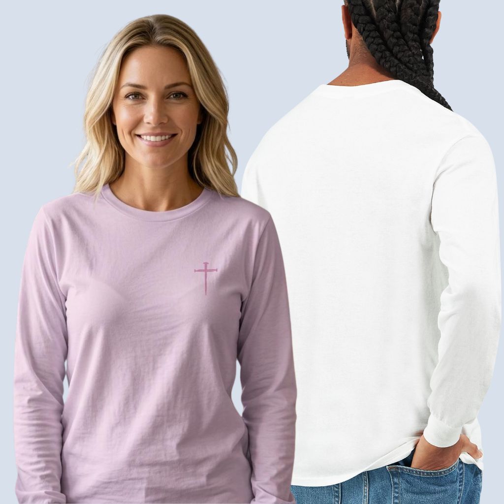 A Man and a woman wearing the cross design unisex long sleeve t-shirt, showing the nail cross print on the front and nothing printed on the back of the shirt.