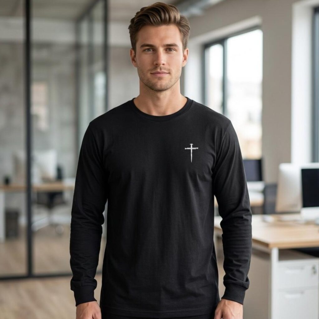 A man wearing a black Nail Cross Christian Long Sleeve Shirt for Men and Women, Faith Based Religious Apparel
