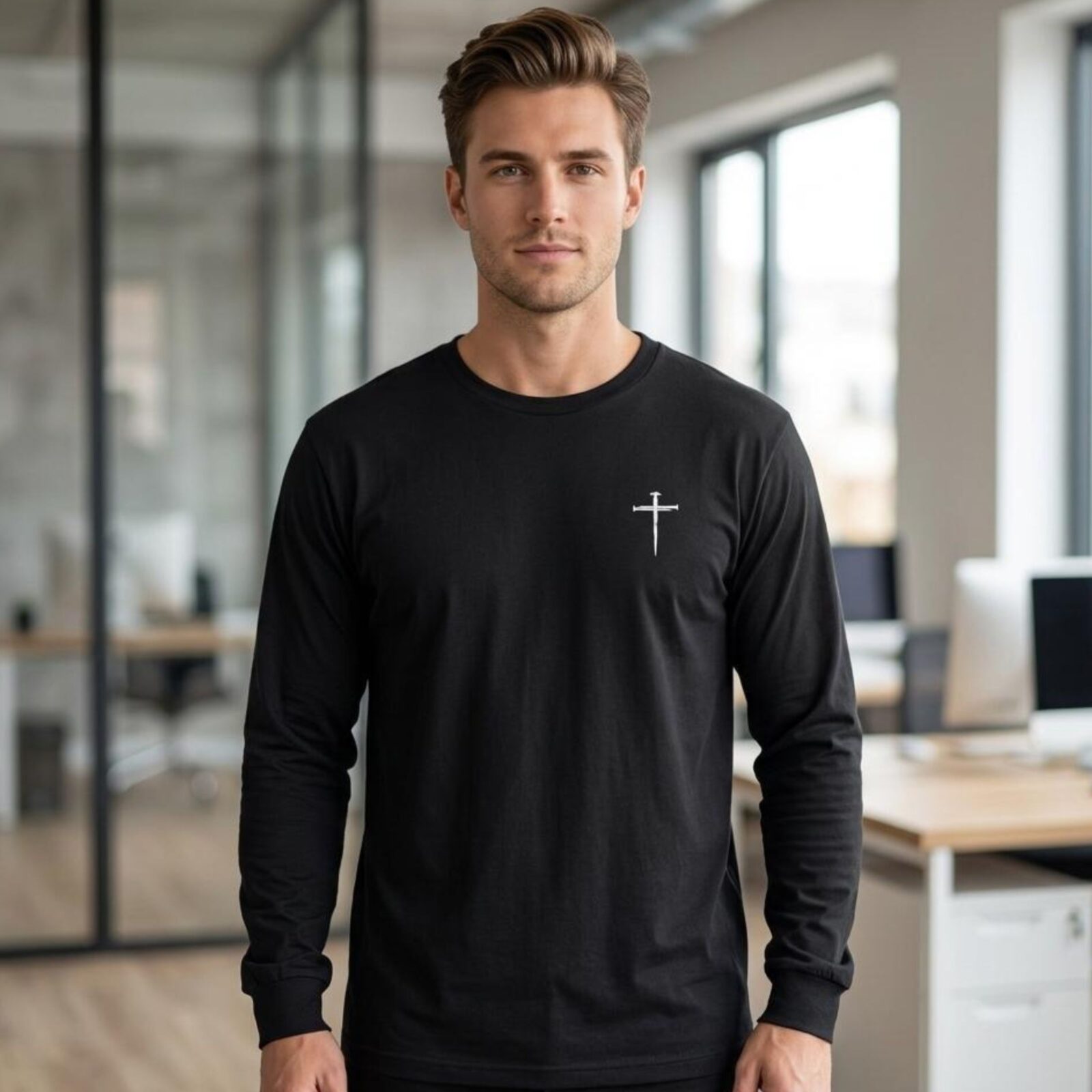 A man wearing a black Nail Cross Christian Long Sleeve Shirt for Men and Women, Faith Based Religious Apparel