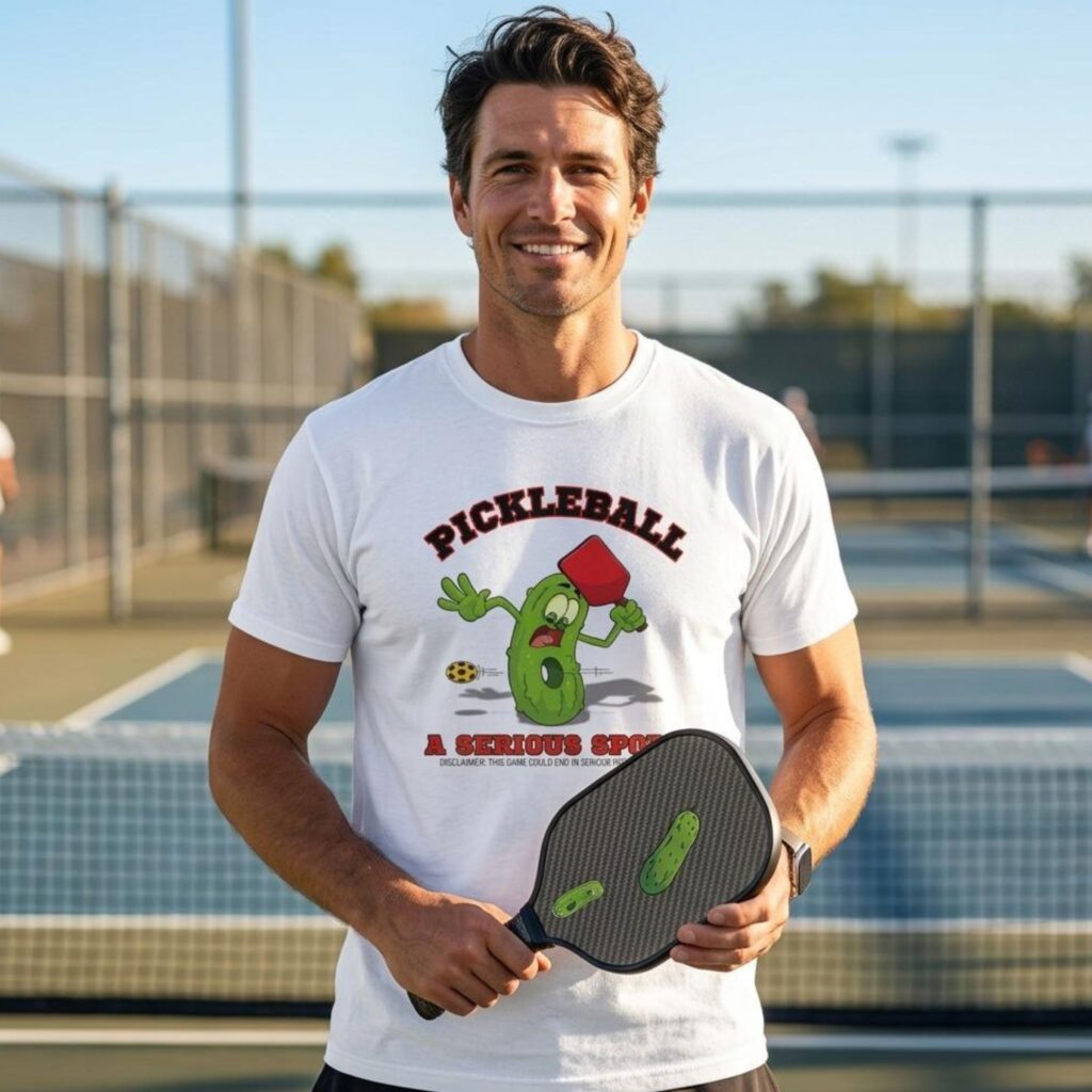 A man wearing a white t-shirt featuring a pickle playing pickleball and the phrase "Pickleball – A serious sport."