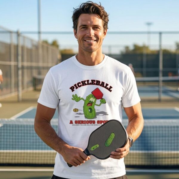 A man wearing a white t-shirt featuring a pickle playing pickleball and the phrase "Pickleball – A serious sport."